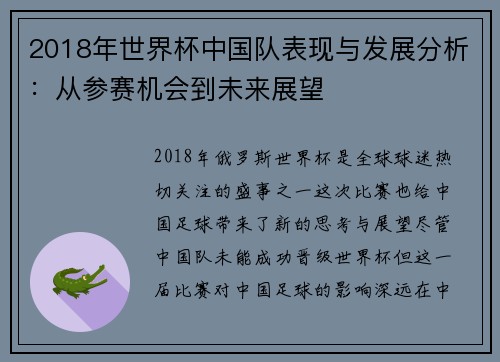 2018年世界杯中国队表现与发展分析：从参赛机会到未来展望